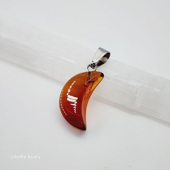 Petite Brown Orange Moon Crescent Moon Shaped Pendant with Silver Toned Bail - Picture 1 of 2